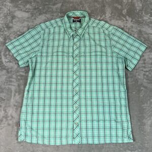 Simms Fishing Shirt Mens XL Green Plaid Short Sleeve‎ Button Front Outdoor